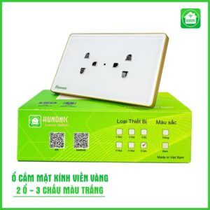 [Ổ Cắm Mặt Kính] 2 Ổ Có Tiếp Địa Viền Vàng